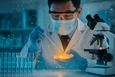 AI generated modern laboratory scene showing scientist with pipette and microscope surrounded by glowing molecular graphics representing advanced biotechnology researchの素材