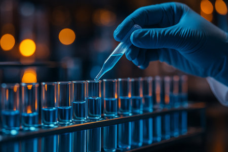 AI generated close up of gloved hand using pipette with blue liquid into test tube in laboratory with orange and blue bokeh creating a modern scientific atmosphereの素材