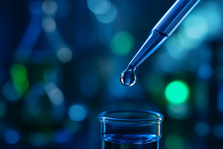 AI generated close up of a clear liquid droplet at the tip of a pipette with blurred blue and green laboratory background symbolizing precision and scientific innovationの素材