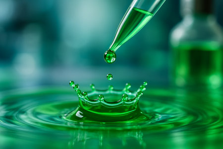 AI generated macro image of a green droplet falling from a dropper creating a crown splash in liquid with soft blurred background representing science and research precisionの素材