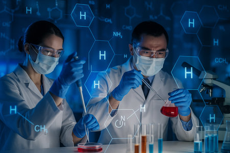 AI generated male and female scientists in protective clothing performing laboratory experiments with pipette and red chemical flask overlaid with molecular graphics in modern blue tone labの素材