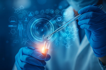 AI generated scientist hand with blue glove using pipette to drop liquid into glowing test tube with futuristic molecular graphics representing innovation and advanced scienceの素材
