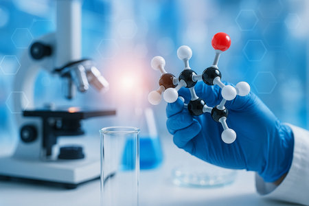 AI generated image of scientist holding molecular model in laboratory with glassware digital graphics and modern technology concept for chemistry and biotechnology innovationの素材
