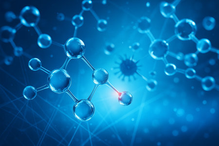AI generated concept image of interconnected molecular structures in a blue scientific background representing chemistry biology and advanced technologyの素材