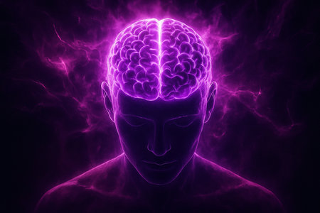 AI generated digital art of a glowing human brain radiating purple energy with abstract light effects symbolizing creativity power and consciousnessの素材