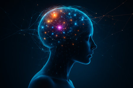 AI generated sci fi digital artwork showing human head with glowing brain and luminous neural connections symbolizing consciousness creativity imagination and futuristic intelligenceの素材