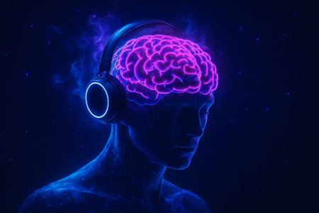 AI generated surreal digital art of a glowing human brain connected with neon headphones symbolizing energy imagination music and advanced technology in a futuristic cosmic atmosphereの素材