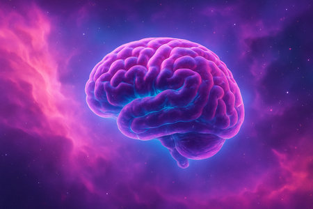 AI generated digital art showing a glowing human brain floating in cosmic space with vibrant pink purple and blue light symbolizing creativity imagination and limitless mind energyの素材