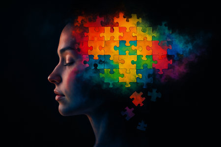 AI generated conceptual art of female profile with brain represented as colorful puzzle pieces symbolizing memory creativity and problem solving against dark backgroundの素材