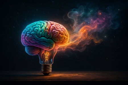 AI generated conceptual artwork of a human brain fused with a light bulb releasing colorful energy waves symbolizing ideas creativity and imagination in a surreal abstract styleの素材