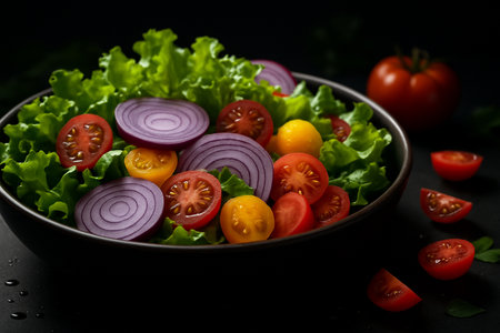 AI generated vibrant salad in dark bowl with green lettuce red and yellow cherry tomatoes and sliced purple onion on dark background symbolizing freshness health and vitalityの素材
