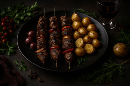 AI generated rustic food photography of grilled meat skewers with roasted potatoes onions and peppers on black plate served with red wine in warm dark tone atmosphere gourmet and homelyの素材