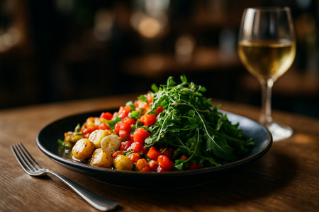 AI generated healthy salad dish with fresh vegetables and potatoes on dark plate served on wooden table in warm dining atmosphere with blurred background and wine glassの素材