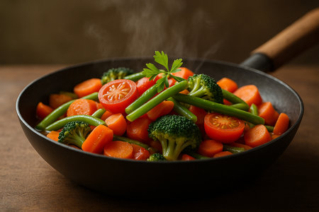 AI generated healthy stir fried vegetables with carrots broccoli green beans and cherry tomatoes served in black pan with steam rising showing freshness warmth and natural colorsの素材