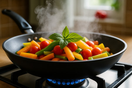 AI generated steaming pan with carrots peppers cherry tomatoes and herbs on gas stove showing freshness warmth healthy lifestyle and homestyle cooking atmosphereの素材