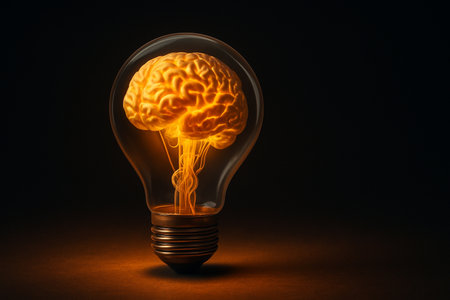 AI generated surreal image of a transparent light bulb with a glowing golden brain inside symbolizing creativity intelligence and inspiration on dark backgroundの素材
