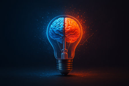 AI generated surreal artwork of a glowing lightbulb with a human brain divided into blue and orange sides symbolizing balance between logic and creativityの素材