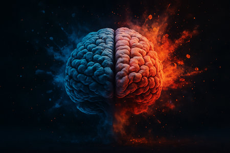AI generated abstract concept of human brain split into logical and creative sides with colorful energy burst representing imagination knowledge and inspirationの素材
