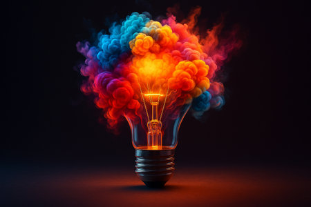 AI generated surreal light bulb filled with vibrant multicolored smoke symbolizing creativity imagination inspiration and limitless ideasの素材