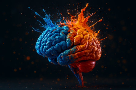 AI generated ultra realistic abstract brain with vivid color splash symbolizing imagination creativity intelligence and inspiration on dark backgroundの素材