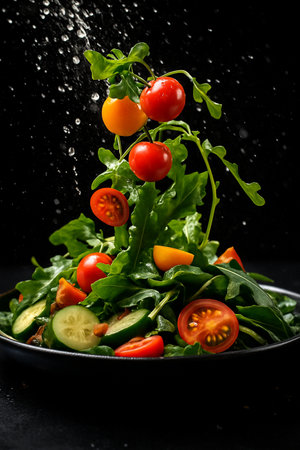 AI generated artistic food photo showing fresh salad with tomatoes cucumbers and green leaves splashing with water drops on dark background symbolizing freshness energy and vitalityの素材