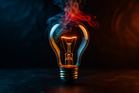AI generated surreal light bulb with glowing golden filament and colorful smoke in blue and red symbolizing balance of creativity inspiration emotion and logicの素材