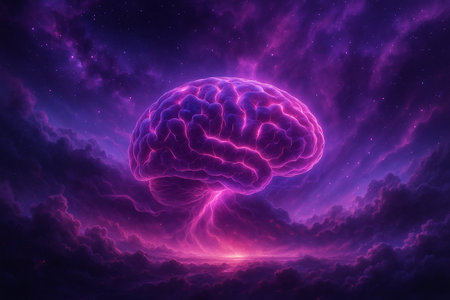 AI generated abstract digital art of a glowing human brain floating in cosmic clouds with purple pink tones symbolizing imagination knowledge and universal energyの素材