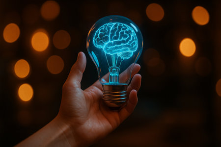 AI generated surreal artwork of a human hand holding a glowing light bulb with a radiant brain inside symbolizing creativity intelligence and inspiration against warm bokeh backgroundの素材