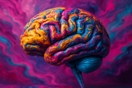 AI generated surreal artwork of a vibrant human brain with neon colors on fluid abstract background symbolizing imagination creativity and energyの素材