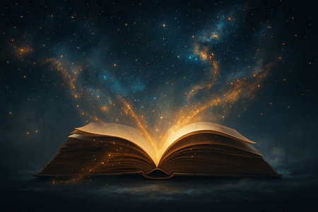 AI generated fantasy artwork of an open book radiating golden light with cosmic stars and mystical energy symbolizing endless knowledge and imaginationの素材