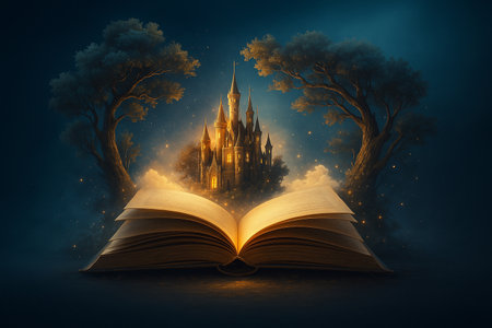 AI generated fantasy art of an open book with a glowing golden castle emerging surrounded by trees and mystical light symbolizing imagination knowledge and dreamsの素材
