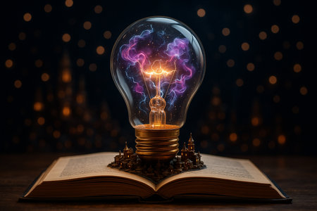 AI generated surreal artwork of a glowing light bulb on an open book with magical energy and miniature cityscape symbolizing knowledge imagination and inspirationの素材