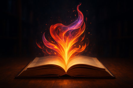 AI generated an open book with glowing flames of orange red and purple rising like living energy symbolizing knowledge inspiration and creativity in a fantasy atmosphereの素材