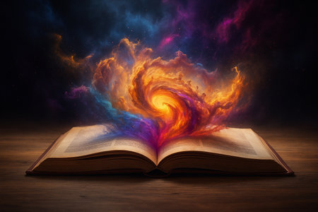 AI generated surreal fantasy art of an open book with glowing colorful energy spiral rising to the sky symbolizing power of knowledge and limitless imaginationの素材