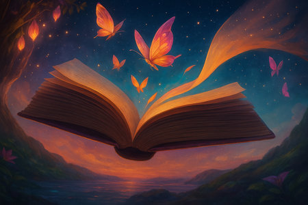 AI generated fantasy art of an open book glowing with warm light releasing luminous butterflies into a dreamy starry sky filled with wonder and inspirationの素材