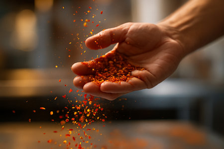 AI generated frozen motion photography of a hand scattering vibrant red orange yellow spices in the air symbolizing flavor energy creativity and dynamic culinary expressionの素材