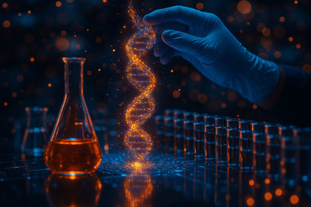 AI generated conceptual science artwork showing a gloved hand holding glowing orange DNA helix with sparkling particles surrounded by glass flasks and test tubes in modern digital laboratoryの素材