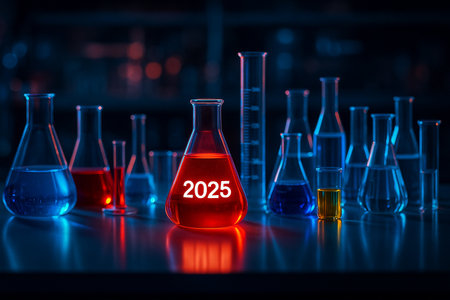 AI generated science artwork of glowing red and blue liquids in laboratory glassware with a central flask marked 2025 symbolizing future innovation research and scientific progressの素材