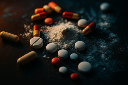 AI generated conceptual photo showing mixed capsules and tablets with scattered white powder on dark surface symbolizing medicine research addiction and risk in pharmaceutical contextの素材