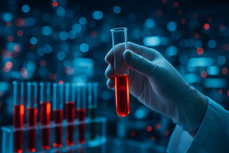 AI generated digital artwork of a gloved hand holding a red glowing test tube with laboratory glassware in background symbolizing modern research innovation and futuristic scienceの素材