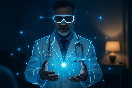 AI generated futuristic visualization of a doctor wearing VR headset holding glowing holographic energy sphere surrounded by digital interface symbolizing science technology and advanced healthcareの素材