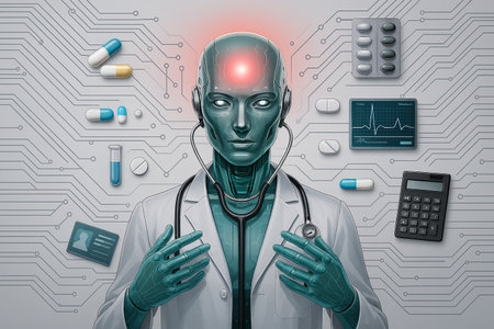 AI generated futuristic humanoid robot doctor with glowing digital brain surrounded by medical symbols pills data and holographic technology showing future healthcare innovationの素材