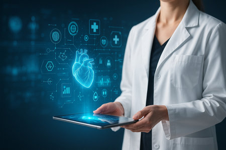 AI generated futuristic medical visualization of doctor holding digital tablet with glowing holographic data and health symbols in modern science atmosphereの素材