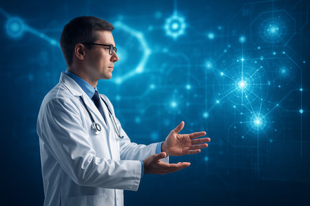 AI generated image of a male doctor in white coat using hand gestures to control glowing blue holographic data network in a futuristic medical environmentの素材