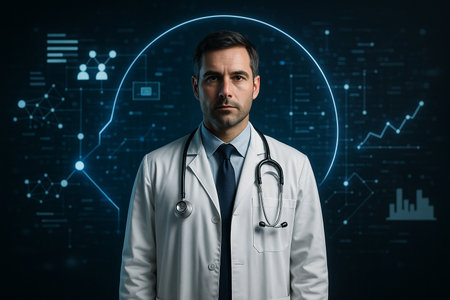 AI generated concept of a doctor surrounded by futuristic holographic medical and scientific data blending healthcare technology precision and innovationの素材