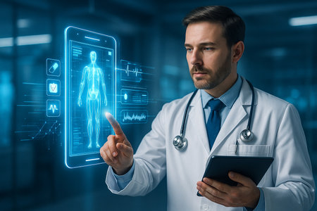 AI generated image of a doctor interacting with a glowing holographic smartphone interface showing human body scan and medical data in a futuristic digital healthcare settingの素材