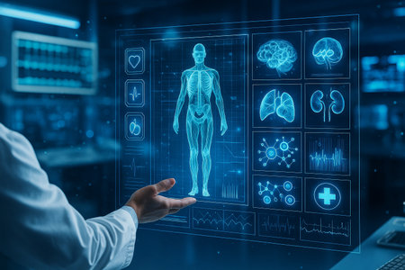 AI generated futuristic medical visualization showing doctor interacting with holographic human body and digital health data in a sci fi laboratoryの素材