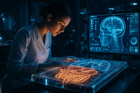 AI generated futuristic medical visualization showing female doctor analyzing glowing holographic anatomy with digital data in a modern laboratory full of advanced scienceの素材