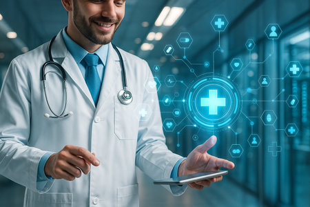 AI generated futuristic doctor using digital tablet with glowing holographic health icons medical dashboard blue light technology and innovation in modern healthcareの素材