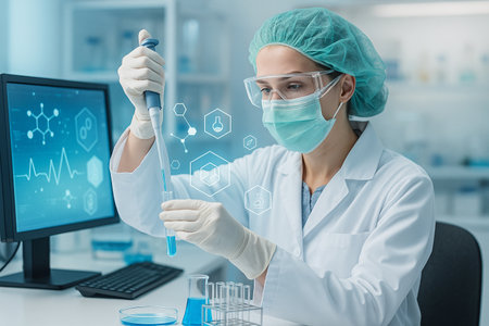 AI generated female scientist in protective suit using pipette with test tube in modern laboratory with digital holographic molecules showing precision dedication medical research and biotechnologyの素材